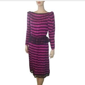 Vintage 1980s Fuchsia Black Silk Dress, 80s Striped Polka Dot Lace Peplum Party